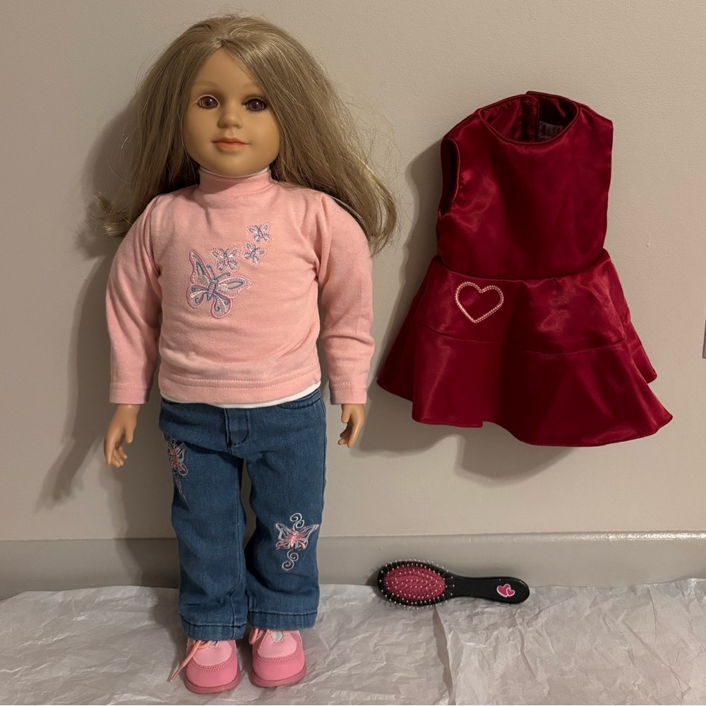 My Twinn Doll With Pink Outfit, Red Dress, And Brush
